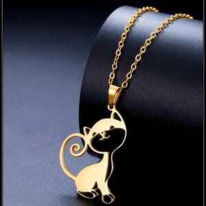 NEW GOLD STEEL LASERCUT CAT KITTEN PENDANT NECKLACE